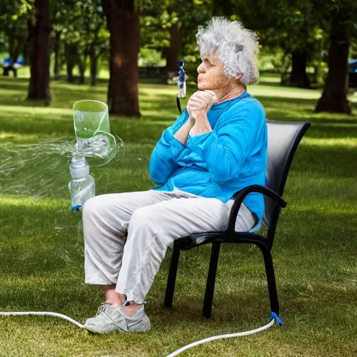 Prompt: an older woman sitting in a park using an oxygen tank. the oxygen tubing is attached to her nose, 4 k,