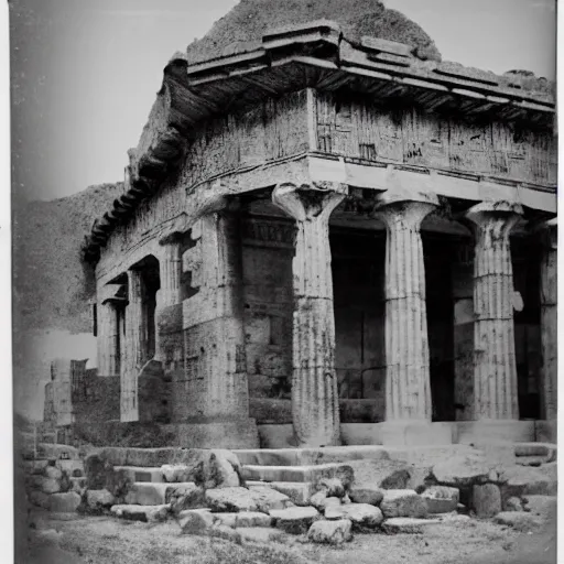 Prompt: a mecha robot inside a Greek temple, Greek temple, Daguerrotype