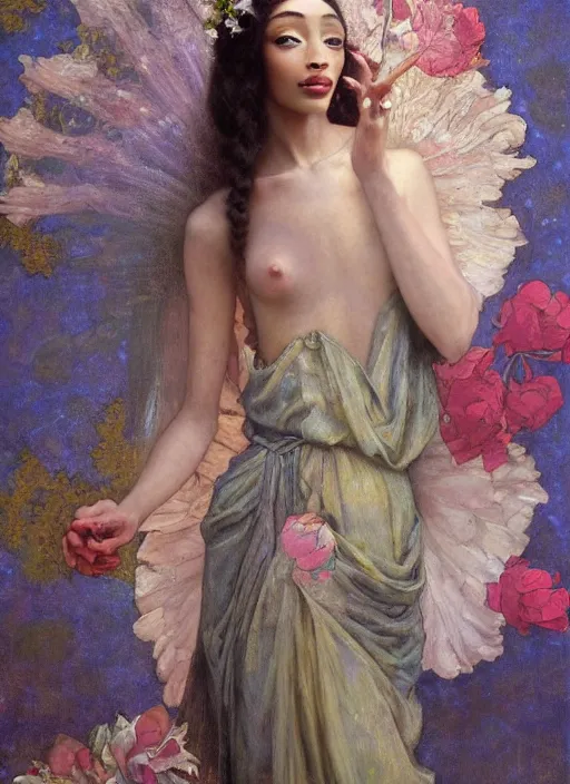 Image similar to a realistic oil painting of a beautiful young woman resembling winnie harlow, flowing robes, silk dress, peonies, crystal encrustations, underwater, fantasy art, by mucha, by bouguereau, intricate, colorful