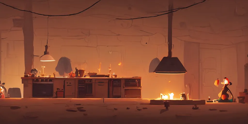 Image similar to epic illustration of a wooden kitchen dim lit by 1 candle doubly so by Goro Fujita and Simon Stalenhag , 8k, trending on artstation, hyper detailed, cinematic