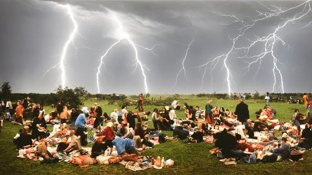 Image similar to climate change disaster, lightning, hurricane, hailstorm, gale force winds, floods, as seen by a people having picnic in a park, large-format photography, wide angle