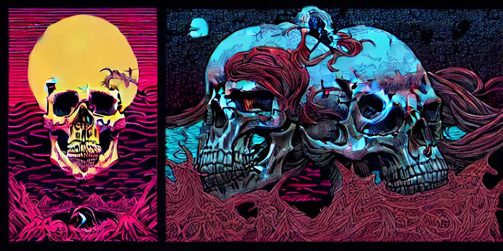 Image similar to Death's dreamscape by Dan Mumford, skull by Josan Gonzalez, sunset by Laurie Greasley, death skull, sunset