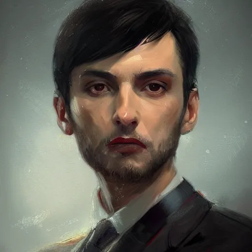 Prompt: portrait of a man by greg rutkowski, he is! about 3 0 years old, short black hair with bangs, his features are a mix between french, turkish and russian and he is wearing futuristic prosecutor suit, highly detailed portrait, digital painting, artstation, concept art, smooth, sharp foccus ilustration, artstation hq