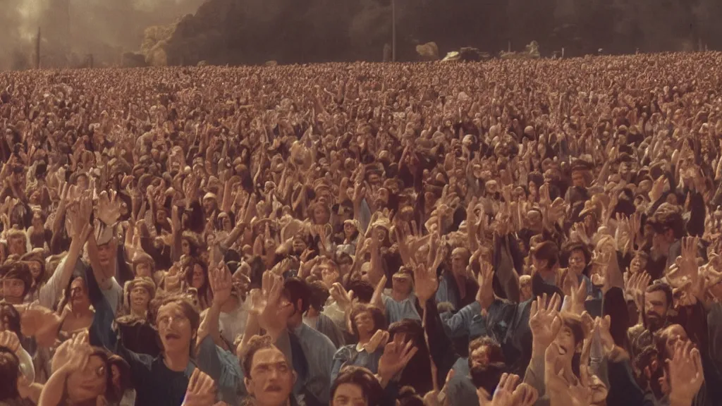 Image similar to movie still of a crowd waving saying good morning, cinematic composition, cinematic light, by alejandro jodorowsky