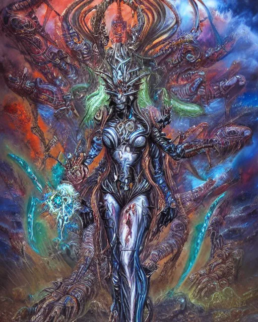 Image similar to silver mechanical charred bloody fleshmetal cyborg daemonhost woman psychedelic flamer of tzeentch with extra arms guns, blue and green rainbow fire, by antonio j. manzanedo, alex grey, android jones, wayne barlowe, philippe druillet, josephine wall, harumi hironaka, cronenburg, trending on artstation