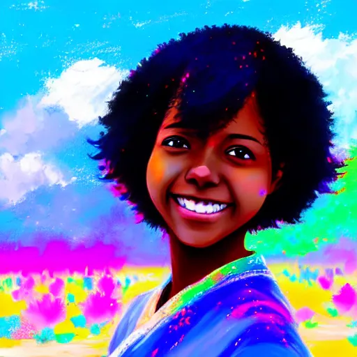 Image similar to portrait of a smiling black girl with short hair at the holi festival, By makoto shinkai, by leiji Matsumoto, by Julie Bell