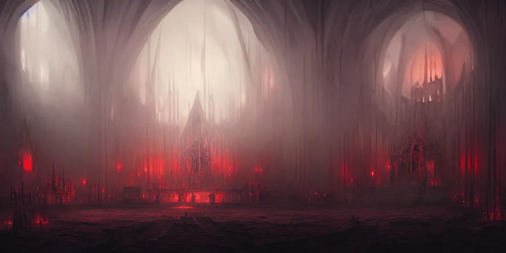 Image similar to breathtaking detailed concept art painting of a dark ritual church in hell, by hsiao - ron cheng, bizarre compositions, exquisite detail, extremely moody lighting, 8 k