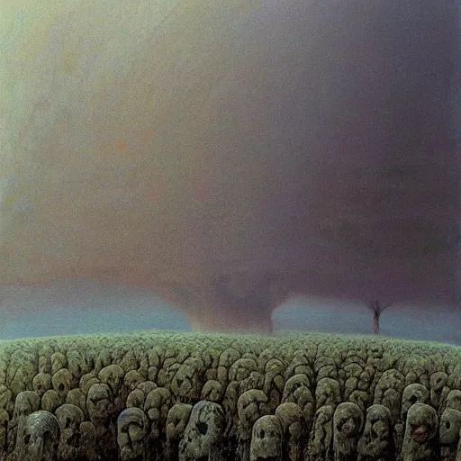 Prompt: a roiling storm full of ghostly faces rolling across a shrubby plain, painting by beksinski and peter mullen.