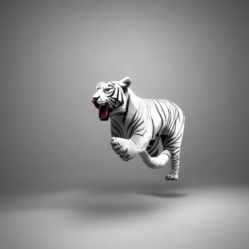 Prompt: a low - poly render of a white tiger in a dynamic action pose dwelling in the spirit realm, low poly 3 d, octane render, dramatic dreamlike lighting, all white render, no textures, angular energetic background elements, angular dynamic white rock floor