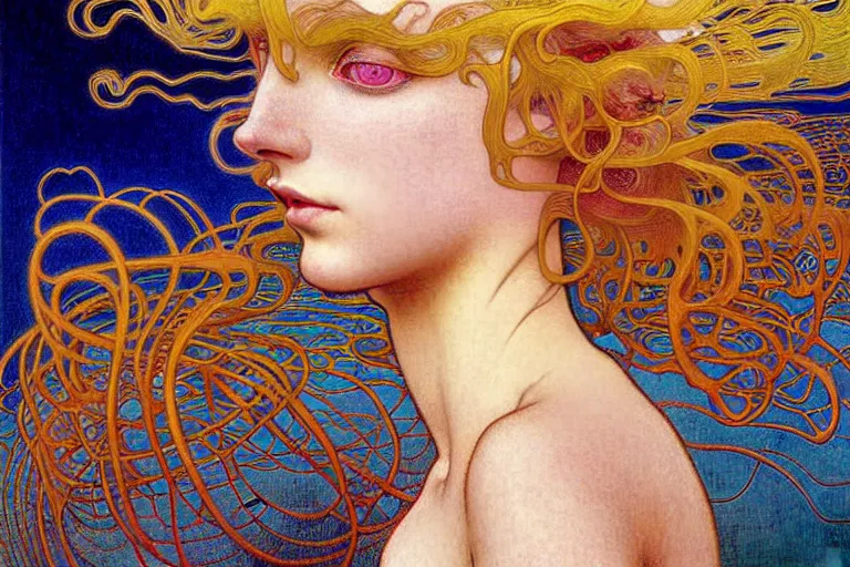 Image similar to realistic extremely detailed full length portrait painting of a girl with blond hair in a crowded modern sci-fi city street by Jean Delville, Amano, Yves Tanguy, Alphonse Mucha, Ernst Haeckel, Edward Robert Hughes, Roger Dean, rich moody colours, blue eyes