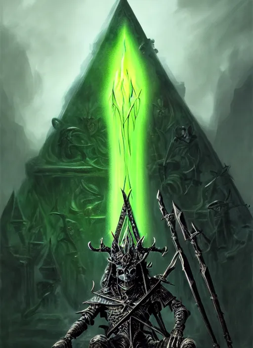 Image similar to portrait of nagash sitting atop his black pyramid, spirits of the dead, evil, grim dark, gloomy, mist, warhammer 4 0 k, onyx, intricate, elegant, evil green candles, highly detailed, digital painting, artstation, concept art, smooth, sharp focus, illustration, art by wlop, mars ravelo and greg rutkowski