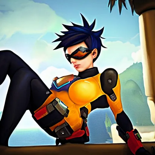 Image similar to Tracer from Overwatch relaxing after a day of hard work