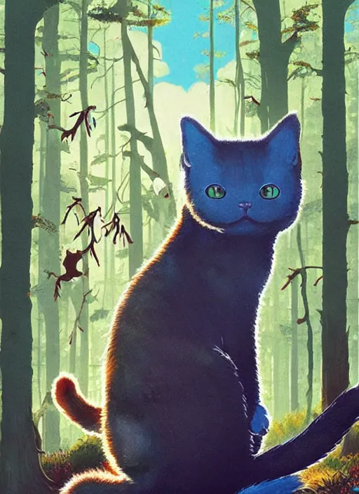 Image similar to a hyper realistic ink cat and the meaning of life and sunbeams blue sky, lush forest poster art by chiara bautista and kim jung giu and norman rockwell and greg rutkowski weta studio, and lucasfilm