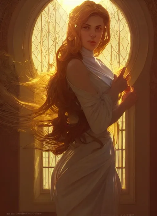 Image similar to perfectly - centered - portrait of a beautiful boss lady, light comes from the window, intricate, highly detailed, digital painting, artstation, concept art, smooth, sharp focus, illustration, unreal engine 5, 8 k, art by artgerm and greg rutkowski and alphonse mucha