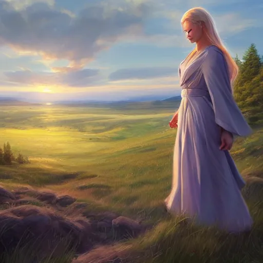 Image similar to blonde female jedi, Swedish countryside, landscape view, archipelago, freedom, dawn, sunrise, beautiful, by Vladimir Volegov, wlop, artstation