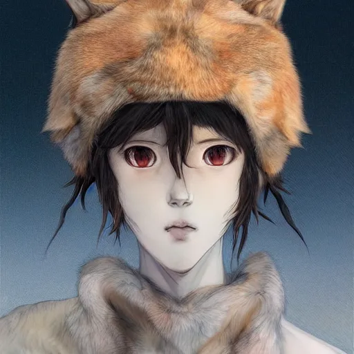 Image similar to prompt : wolf hat character portrait soft light painted by james jean and katsuhiro otomo and erik jones, inspired by evangeleon anime, smooth face feature, intricate oil painting, high detail illustration, sharp high detail, manga and anime 1 9 9 9