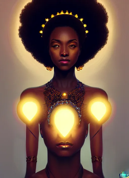 Prompt: portrait of young black woman with glowing crown, afro - futurist style, intricate, elegant, glowing lights, highly detailed, digital painting, artstation, concept art, smooth, sharp focus, illustration, art by wlop, mars ravelo and greg rutkowski