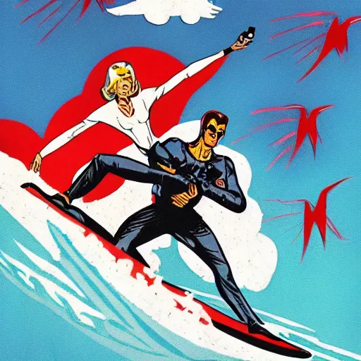 Image similar to the terminator surfing usa with dracula, 6 0 s color animation