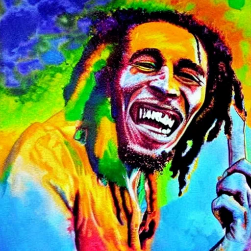 Prompt: psychedelic painting of bob marley having a good time, detailed, realistic