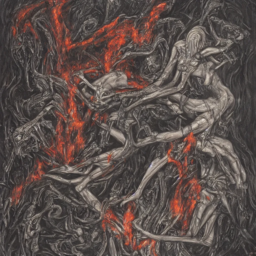 Image similar to a detailed demon ballerina leaving a trail of smoke in a pool of lava by h. r. giger