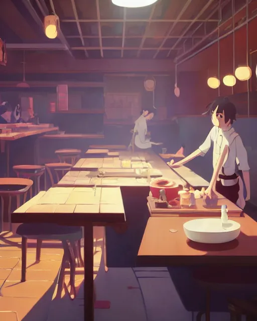 Image similar to a man cleaning the table in his ramen shop, cory loftis, james gilleard, atey ghailan, makoto shinkai, goro fujita, studio ghibli, rim light, exquisite lighting, clear focus, very coherent, plain background, soft painting