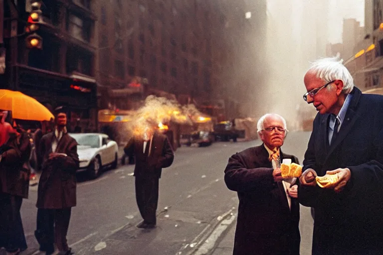 Image similar to closeup potrait of bernie sanders offering a werther's original in a smoky new york street, screen light, sharp, detailed face, magazine, press, photo, Steve McCurry, David Lazar, Canon, Nikon, focus