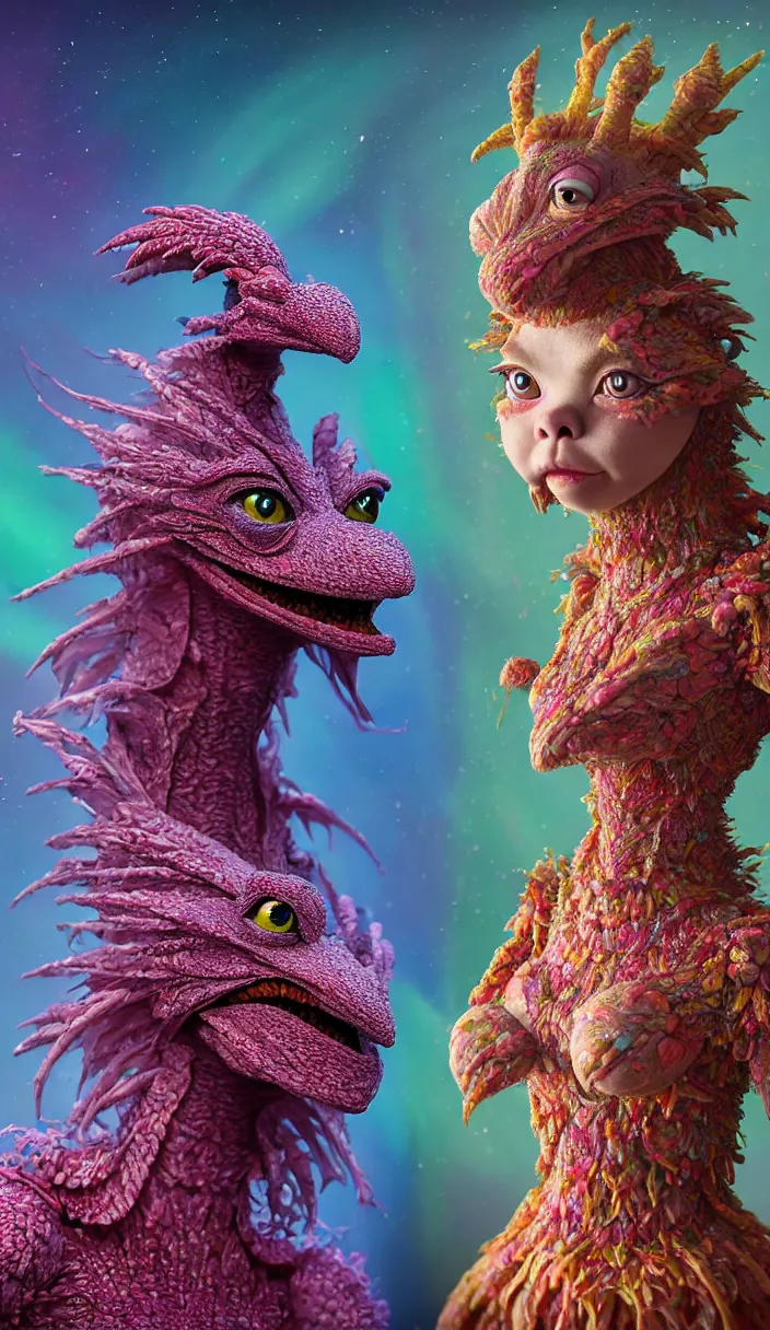 Prompt: hyper detailed 3d render like a Oil painting - kawaii portrait of two Aurora (a beautiful skeksis muppet fae queen protector heroine from dark crystal that looks like Anya Taylor-Joy) seen red carpet photoshoot in UVIVF posing in scaly dress to Eat of the Strangling network of yellowcake aerochrome and milky Fruit and His delicate Hands hold of gossamer polyp blossoms bring iridescent fungal flowers whose spores black the foolish stars by Jacek Yerka, Ilya Kuvshinov, Mariusz Lewandowski, Houdini algorithmic generative render, Abstract brush strokes, Masterpiece, Edward Hopper and James Gilleard, Zdzislaw Beksinski, Mark Ryden, Wolfgang Lettl, hints of Yayoi Kasuma and Dr. Seuss, octane render, 8k