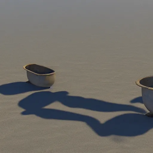 Prompt: two long chinese fying pans on a beach, photorealistic, 8k