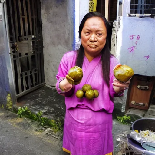 Prompt: Murasaki Shikibu standing on a Filipino sidewalk eating fishballs