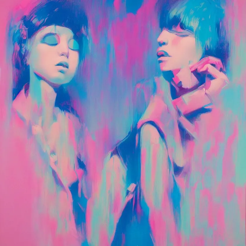 Prompt: neopop fine art western figurative painting with modern youth music culture influences by yoshitomo nara in an aesthetically pleasing natural and pastel color tones