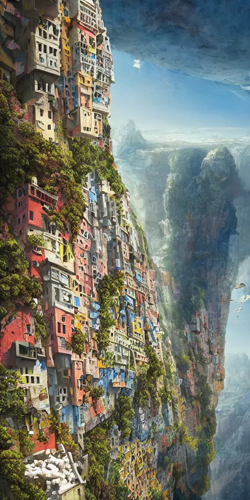 Image similar to a painting of a city built into the side of a cliff, a detailed matte painting by chris labrooy and wes anderson, architecture by morphosis and daniel libeskind, nature meets architecture, cgsociety, fantastic realism, matte painting, terragen, artstation hq