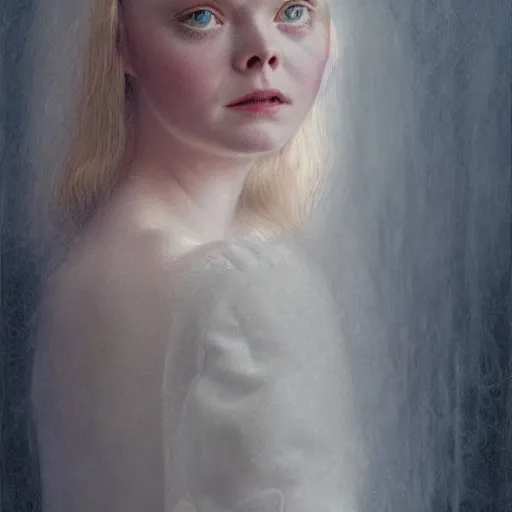 Image similar to Elle Fanning in a nightmare, head and shoulders portrait, extremely detailed masterpiece, Roger Deakin’s cinematography, illustration, by Michael Sowa,