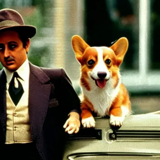 Prompt: A still of a corgi in The Godfather (1972)