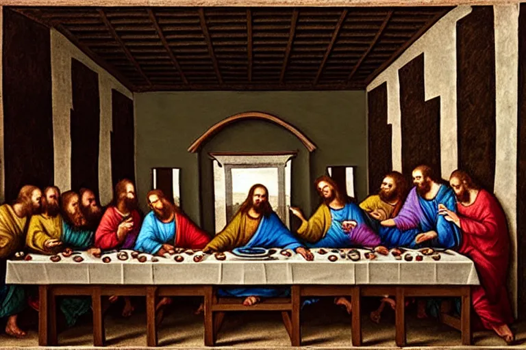 Prompt: a restoration attempt of the last supper