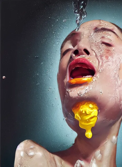 Image similar to portrait of a girl, icecream dripping down her, oil comes out of her mouth, hyper-realistic, high-tech