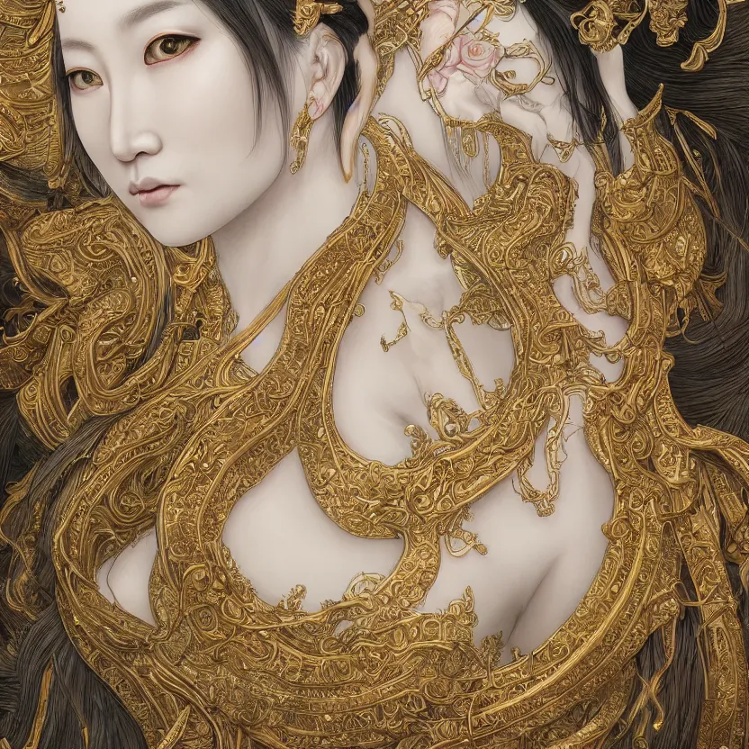 Prompt: amazing exquisite matte painting, close - up portrait of a chinese white loong, sacred,, shimmer, exquisite detail huge details, gold detailed line work, by xision and yukii morita,, james jean, trending on artstation