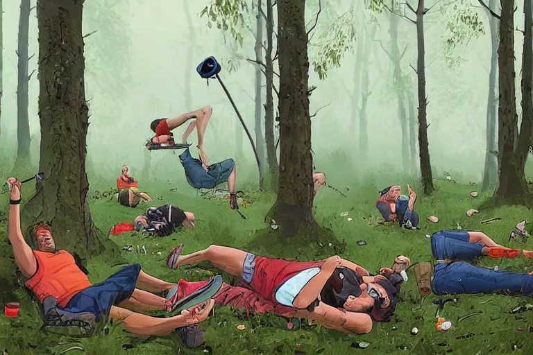 Image similar to mid - thirties guys binge drinking and hiking in a forest, one person pissing on a tree, one person is laying on the ground drunk, in the style of simon stalenhag