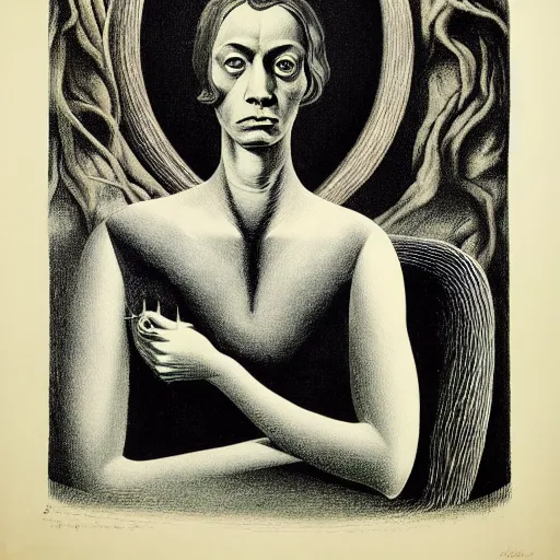 Prompt: gothic lithography on paper secret artefact conceptual figurative post - morden monumental dynamic portrait by magritte and hogarth, inspired by william blake and gaugin, illusion surreal art, highly conceptual figurative art, intricate detailed illustration, controversial poster art, polish poster art, geometrical drawings, no blur