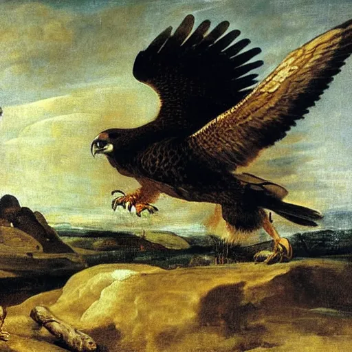 Image similar to Turning and turning in the widening gyre, the falcon cannot hear the falconer, painted by Diego Velazquez