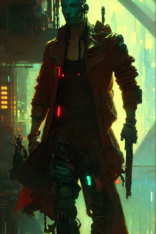 Prompt: attractive man, cyberpunk, cool colors, painting by gaston bussiere, craig mullins, greg rutkowski, alphonse mucha