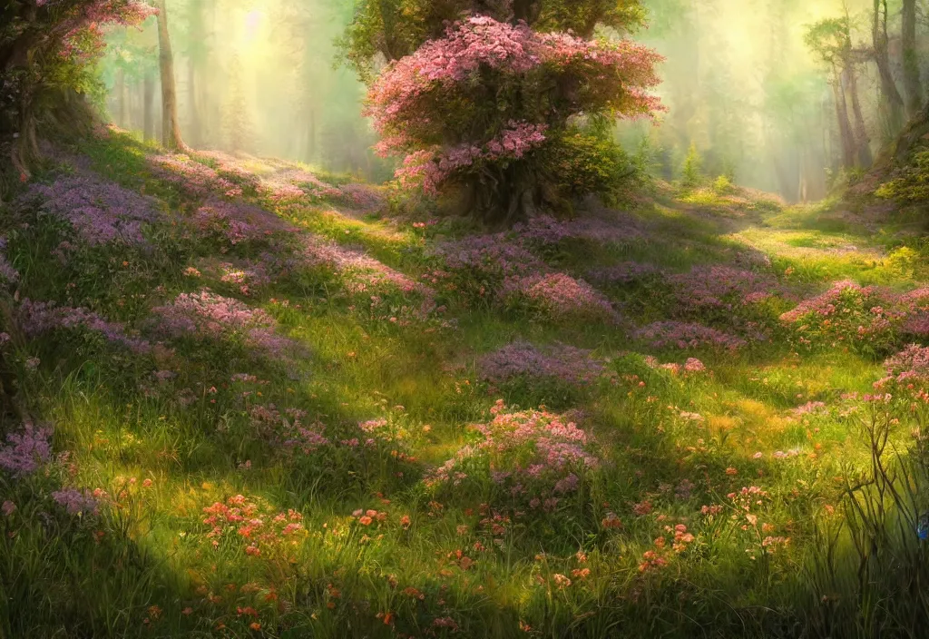 Prompt: a flowering meadow a forest behind it, epic fantasy, detailed, intricate, digital painting, concept art, realistic, smooth, focus, rim light