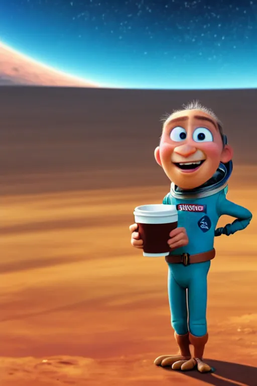 Image similar to portrait of a astronaut holding a cup of coffee with the earth in background, full body. pixar disney 4 k 3 d render funny animation movie oscar winning trending on artstation and behance, ratatouille style