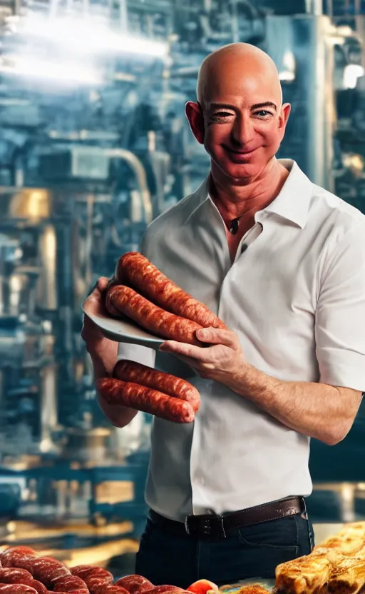 Image similar to Portrait of Jeff Bezos selling a new type of sausage, splash art, movie still, cinematic lighting, dramatic, octane render, long lens, shallow depth of field, bokeh, anamorphic lens flare, 8k, hyper detailed, 35mm film grain