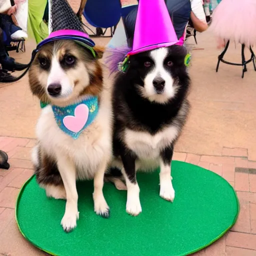 Prompt: dogs wearing party hats at mad hatter tea party