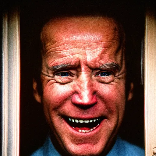 Image similar to A close-up portrait of Joe Biden's manic crazy face peeking through a hole in a door, film still from The Shining by Stanley Kubrick, Eastman Color Negative II 100T 5247/7247, ARRIFLEX 35 BL Camera