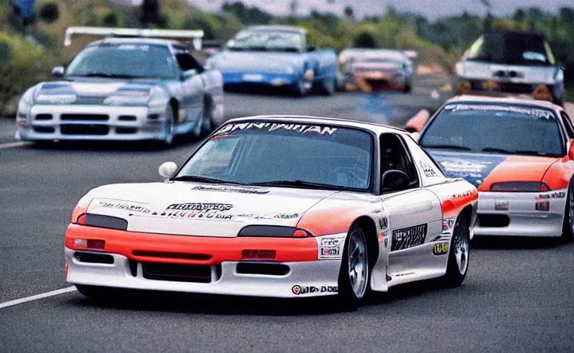 Prompt: 1996 poloid photograph of 1995 FD RX-7 racing on wangan highway noght time japan night time midnight club aesthetic Pinterest