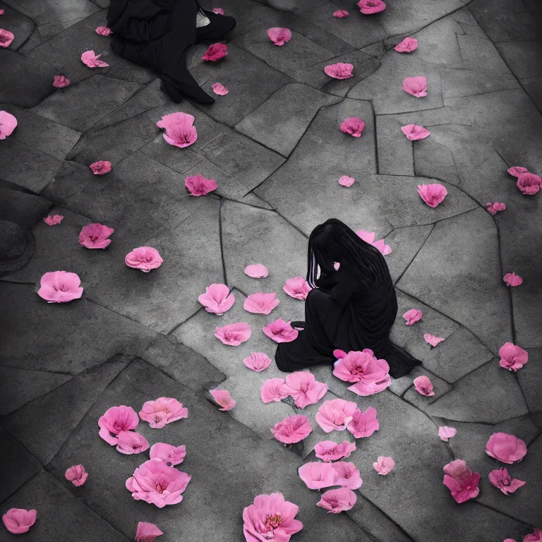 Image similar to cloudy cemetary with pink petals on the floor, goth woman sitting down, intricate details, complementary lighting, detailed face, backlighting, octane render, raytraced, depth of field, beautiful face, extremely detailed, trending in artstation, focus on face, sharp focus, radiant light, beautiful composition, yihao ren, zochi, zero - hour, jean paul fiction