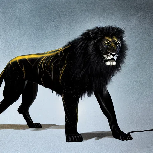 Prompt: photography of a black lion with gold lightnings in the fur in the middle of the ancient forest , concept art, huge scale, photorealistic, high details by Nick Nichols