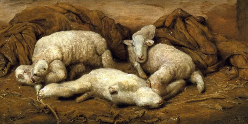 Prompt: the lamb lies with maggots blinded, gagged, betrayed