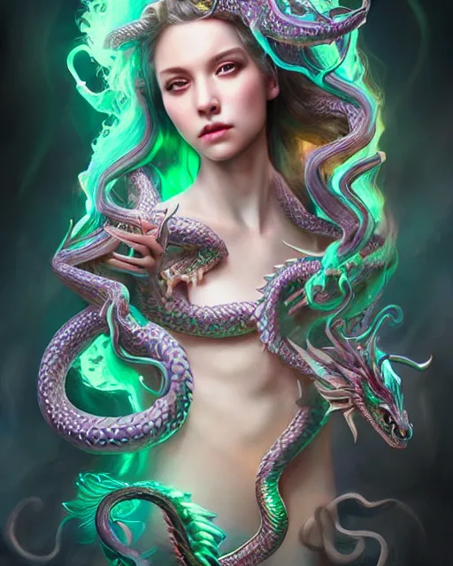 Image similar to cute female medusa woman dragon chimera of iridescent liquid, alchemy, shiny plastic, intricate, bloom, detailed, volumetric lighting, sharp focus, photorealism, digital painting, highly detailed, concept art, by by artgerm and wlop